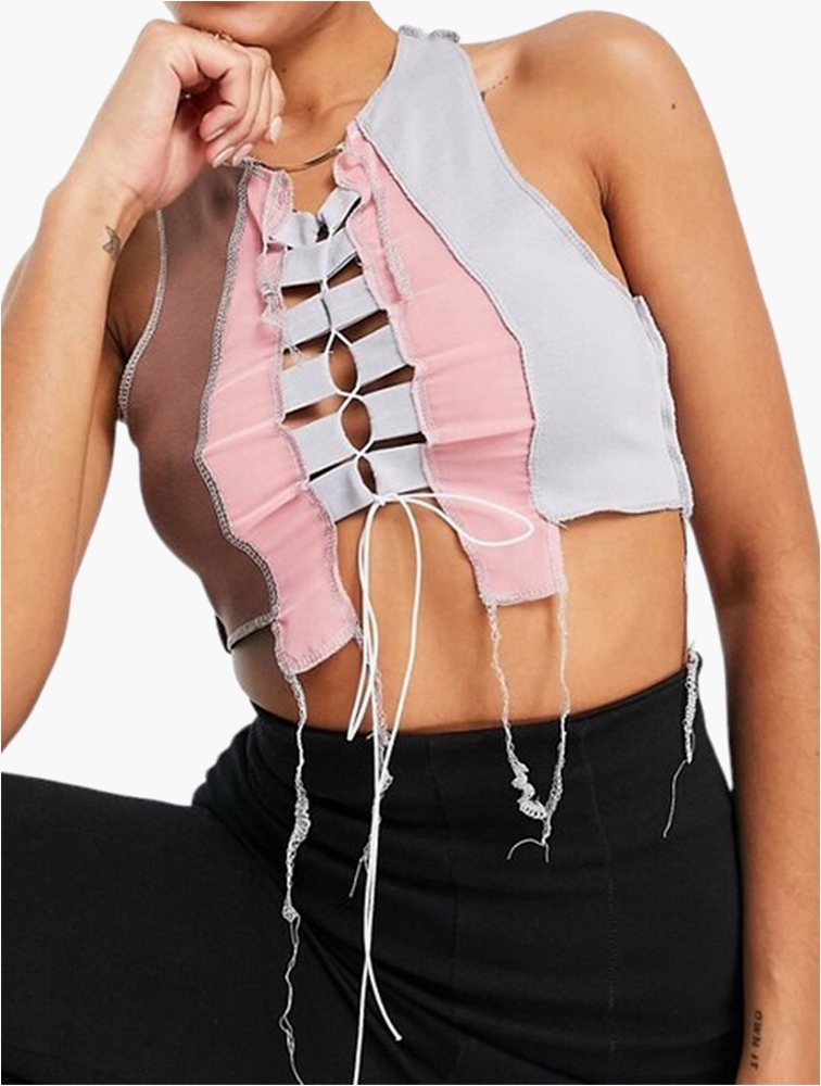 MyRunway Shop Fashionkilla Pink Multi Contrast Seam Crop Top